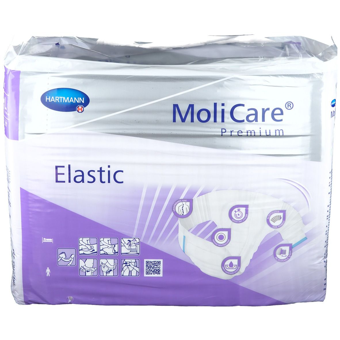 Verpackung MoliCare Premium Elastic Windeln, Größe L. Produktname und Hartmann Logo deutlich sichtbar.