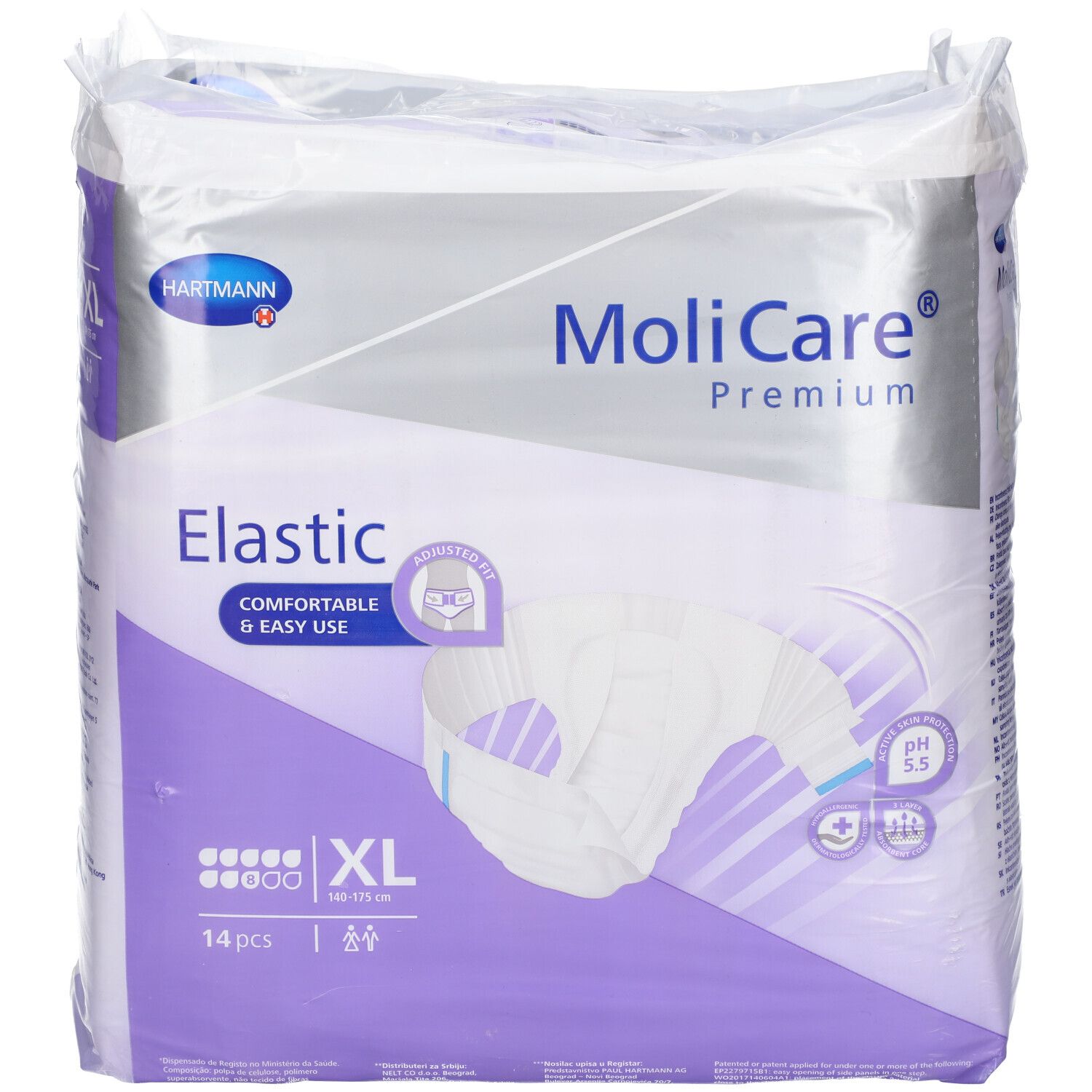 Paquet de MoliCare Premium Elastic XL, 14 pièces. Emballage avec illustration du produit, logo Hartmann et nom du produit.