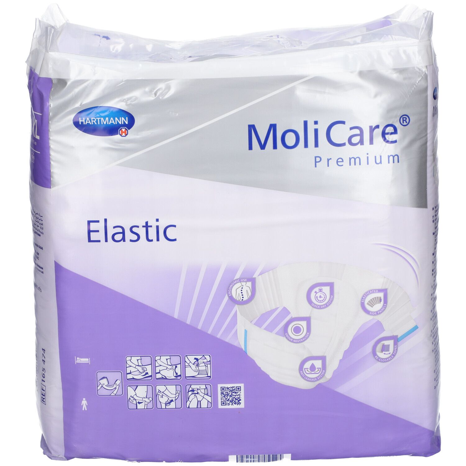 Paquet de MoliCare Premium Elastic XL. Emballage avec illustration du produit, logo Hartmann et nom du produit.