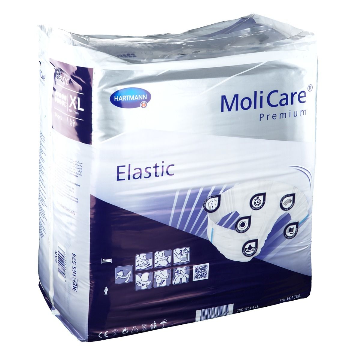 Paquet de MoliCare® Premium Elastic, XL, 14 pièces. Marque Hartmann. Nom et caractéristiques du produit sur l'emballage.