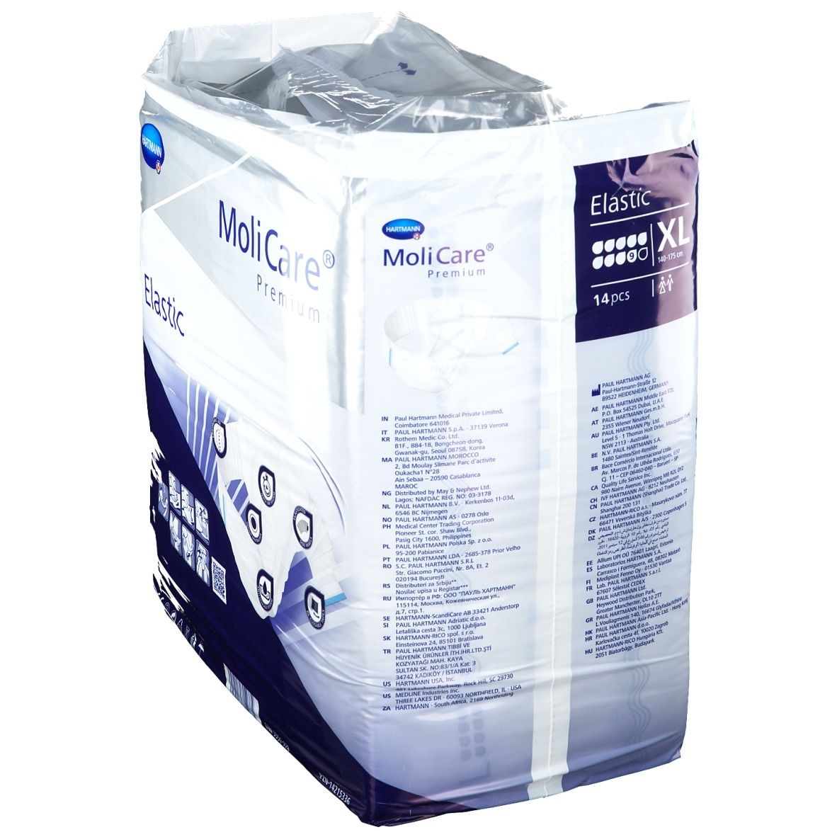 Paquet de MoliCare® Premium Elastic, XL, 14 pièces. Marque Hartmann. Nom et caractéristiques du produit sur l'emballage.