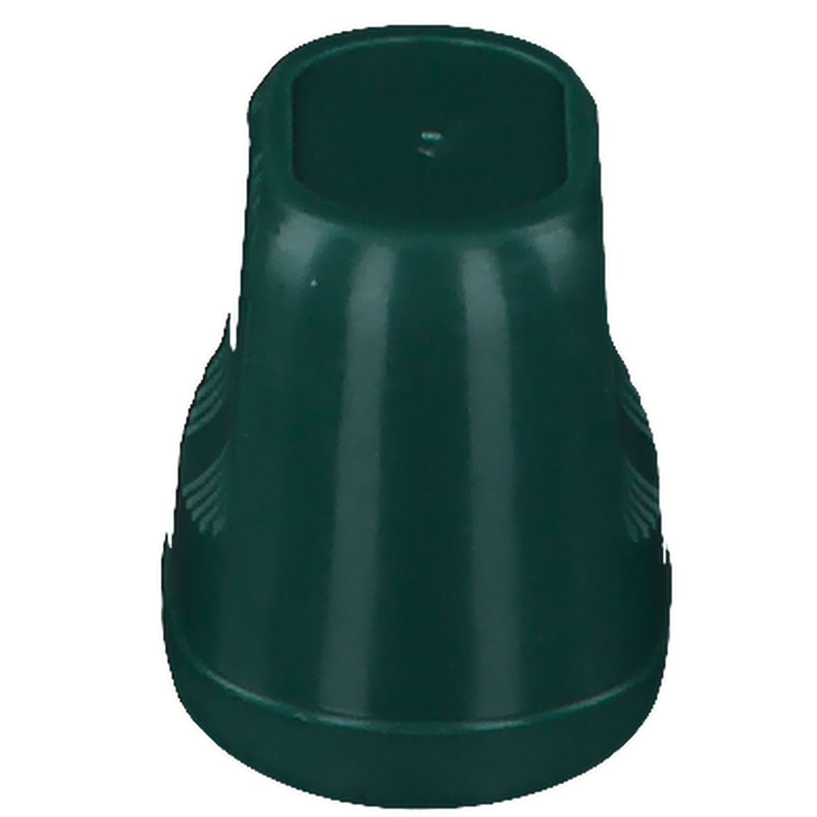 Groene, conische plastic container met glad oppervlak. Bovenkant rechthoekig, onderkant afgerond.