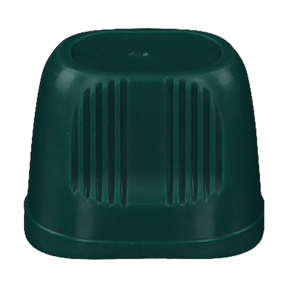 Groene, conische plastic container met gegroefd oppervlak. Bovenkant ovaal, onderkant afgerond.