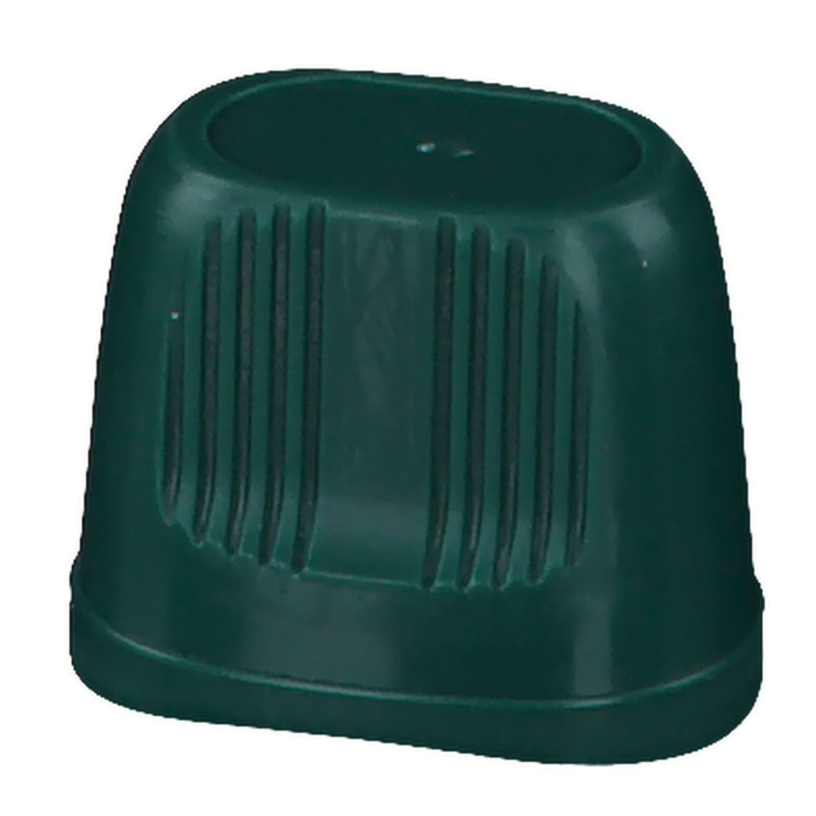 Groene, conische plastic container met gegroefd oppervlak. Bovenkant ovaal, onderkant afgerond.