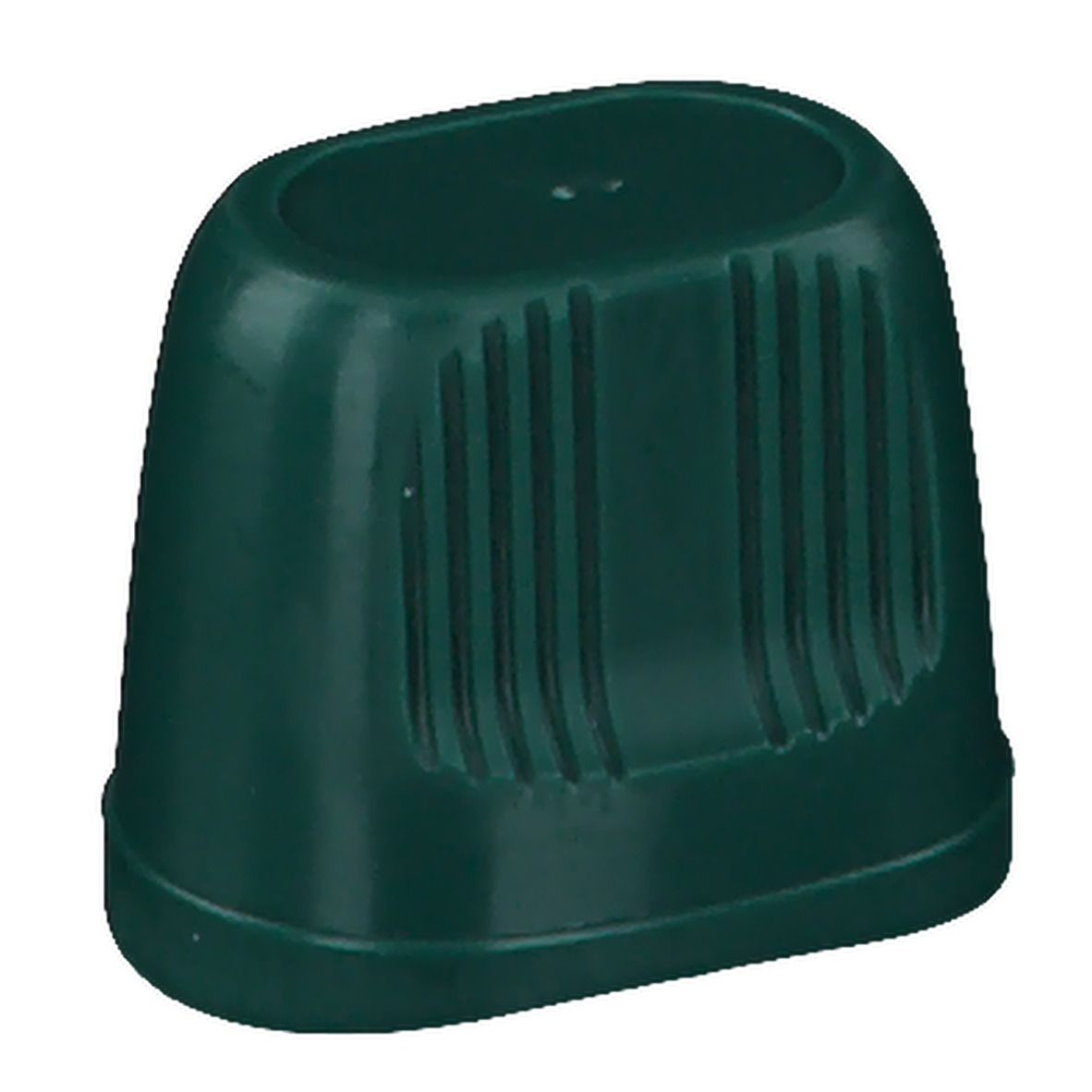 Groene, conische plastic container met gegroefd oppervlak. Bovenkant ovaal, onderkant afgerond.