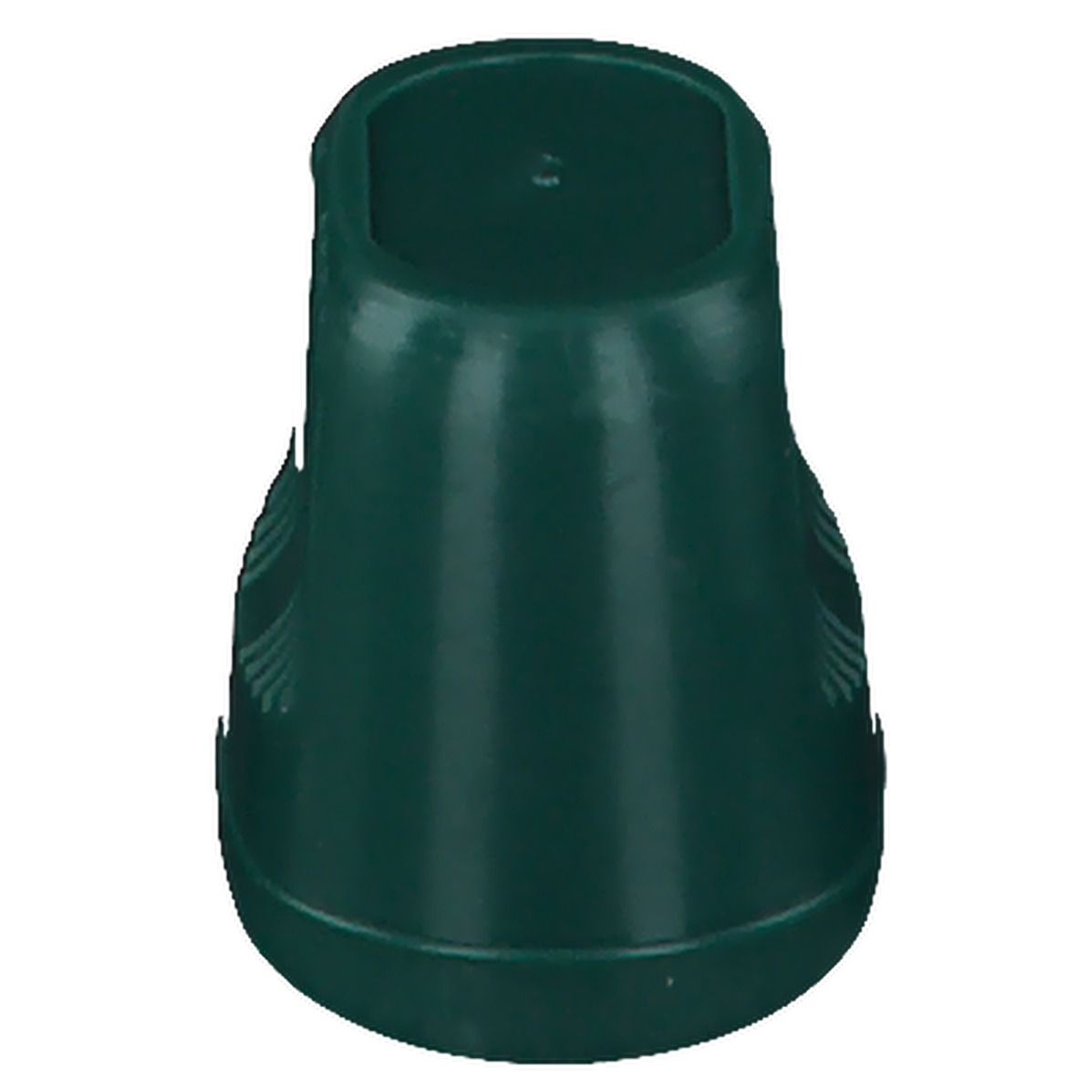 Groene, conische plastic container met glad oppervlak. Bovenkant rechthoekig, onderkant afgerond.