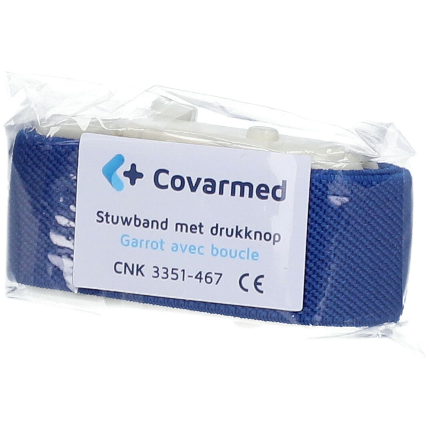 Garrot Covarmed bleu avec boucle, emballé. Étiquette avec informations produit et marquage CE.