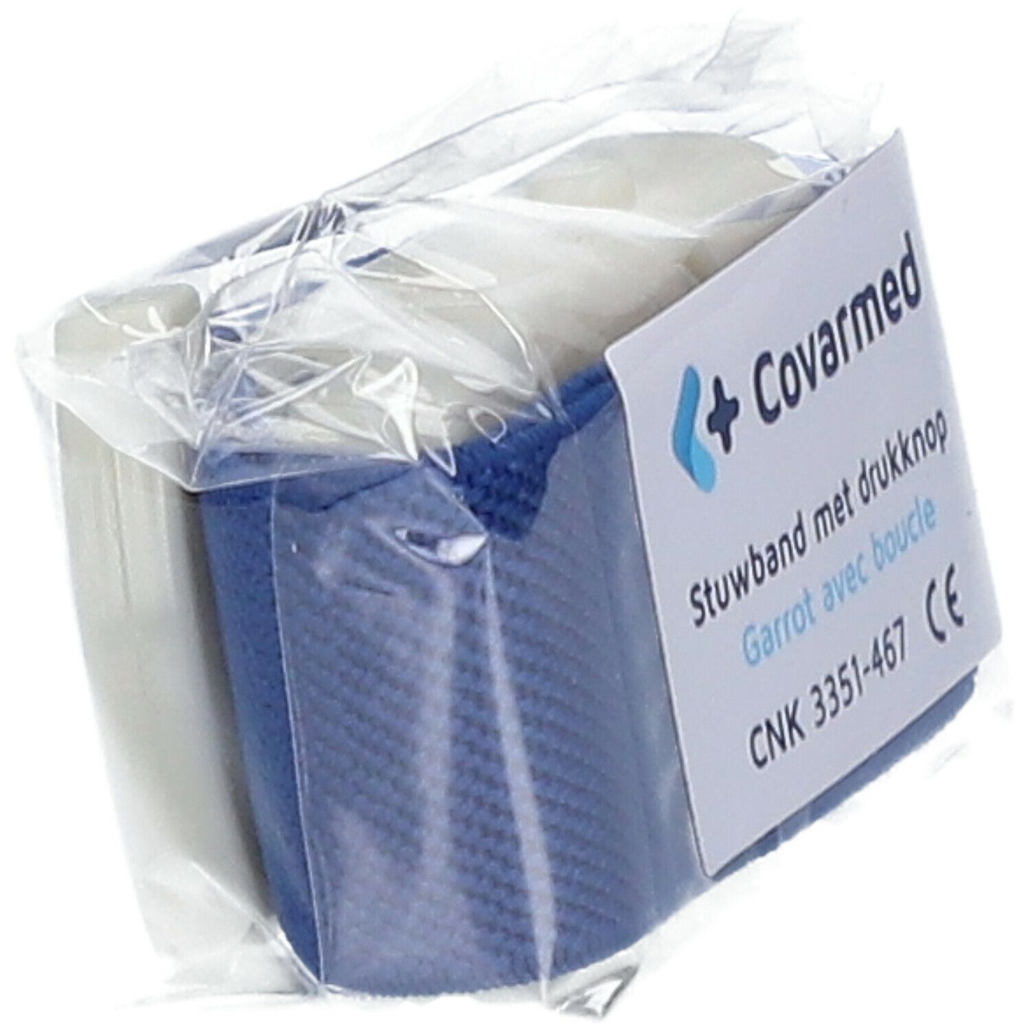Garrot Covarmed emballé avec boucle. Bande bleue, fermeture blanche. Étiquette produit visible.