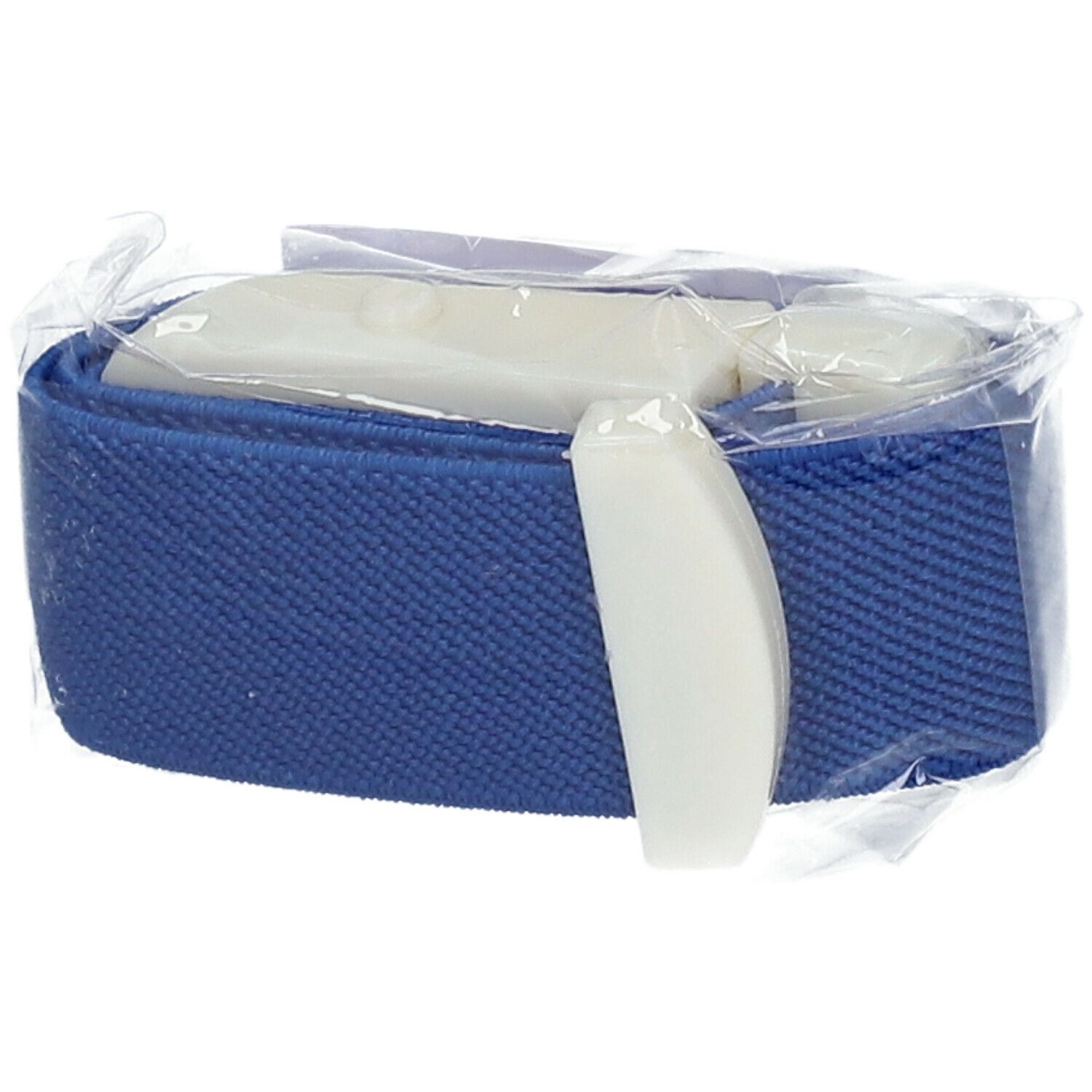 Garrot Covarmed bleu avec boucle, emballé dans du plastique. Fermeture blanche visible.