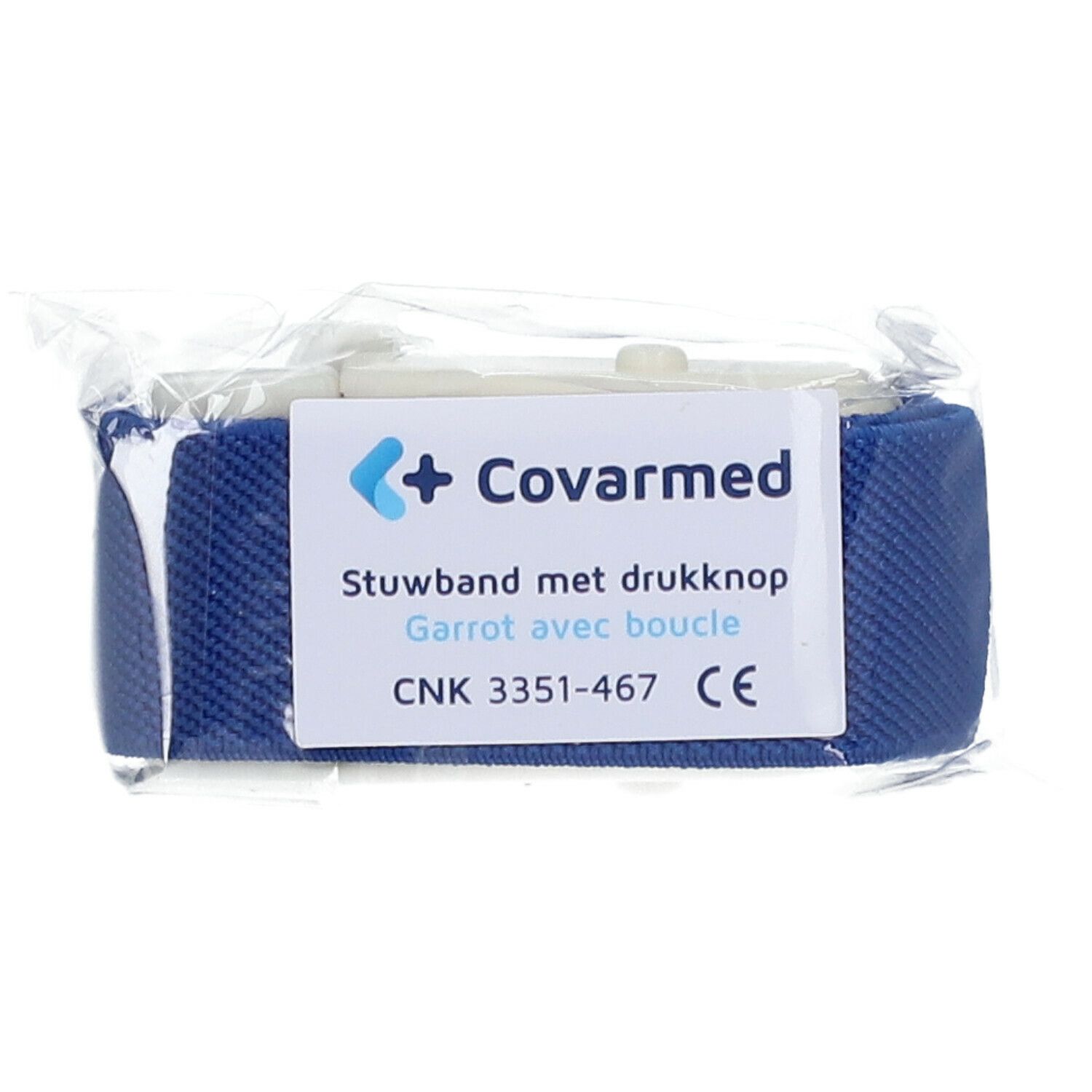 Garrot Covarmed avec boucle emballé. Bande bleue, fermeture blanche. Étiquette produit visible.