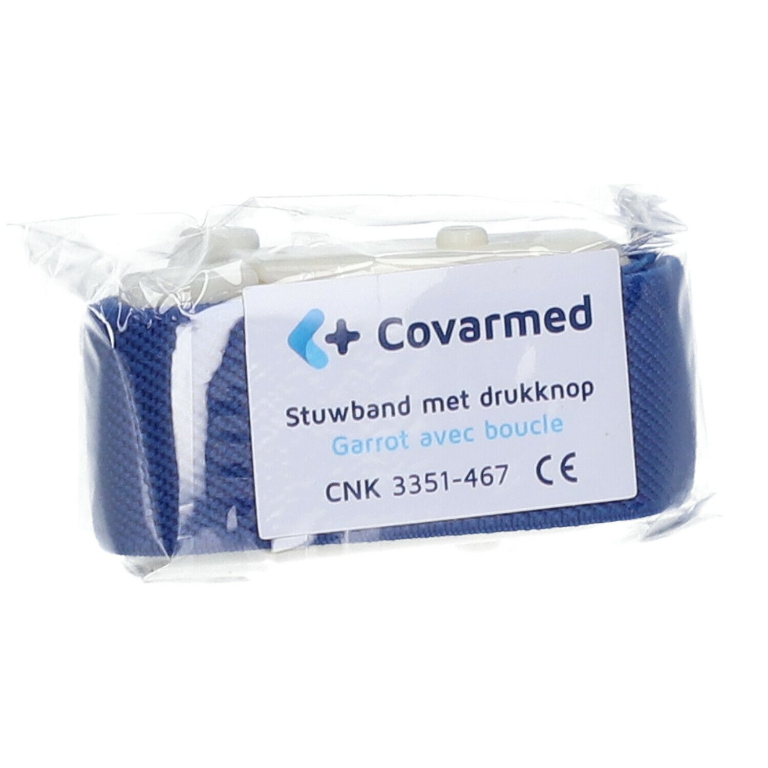 Garrot Covarmed avec boucle emballé. Bande bleue, fermeture blanche. Étiquette produit visible.
