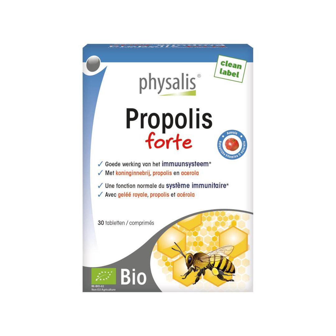 Doos Physalis Propolis forte. Bevat 30 tabletten. Bio-certificering. Afbeelding van een bij en honingraat.