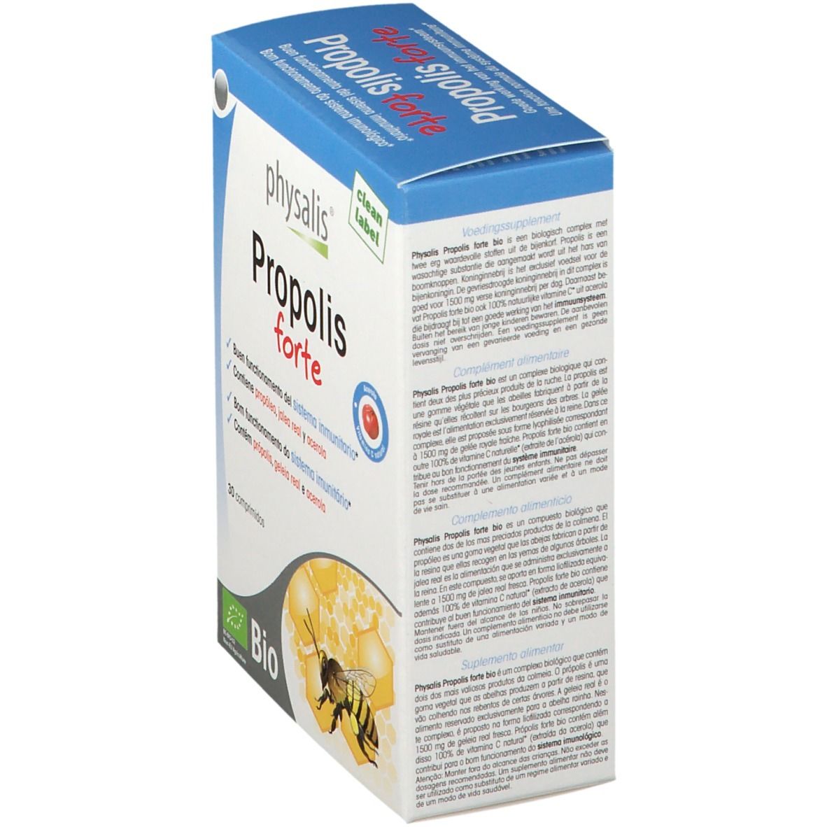 Doos Physalis Propolis forte. Bevat 30 tabletten. Bio-certificering. Afbeelding van een bij en honingraat.