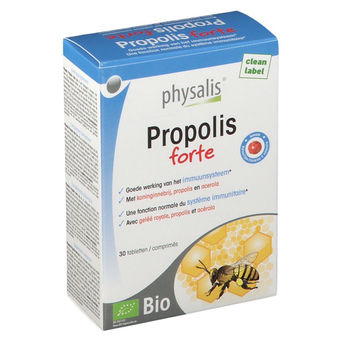 Doos Physalis Propolis forte. Bevat 30 tabletten. Bio-certificering. Afbeelding van een bij en honingraat.