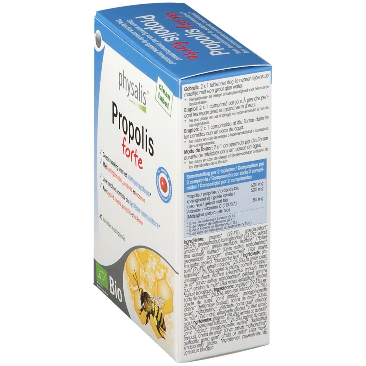 Doos Physalis Propolis forte. Bevat 30 tabletten. Bio-certificering. Afbeelding van een bij en honingraat.