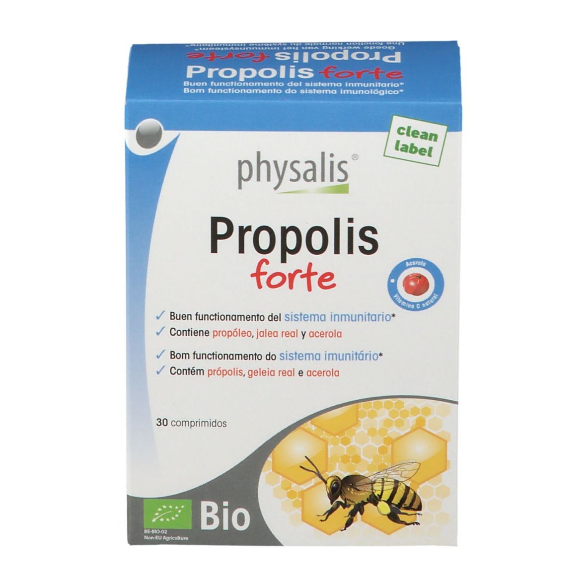 Doos Physalis Propolis forte. Bevat 30 tabletten. Bio-certificering. Afbeelding van een bij en honingraat.