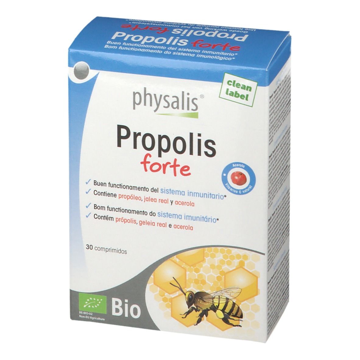 Doos Physalis Propolis forte. Bevat 30 tabletten. Bio-certificering. Afbeelding van een bij en honingraat.