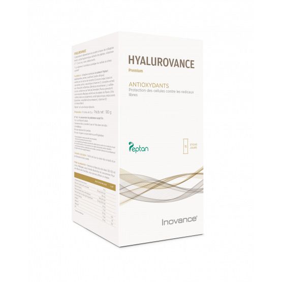 Boîte blanche avec nom Hyalurovance et logo Pepton. Contient des informations et des ingrédients.