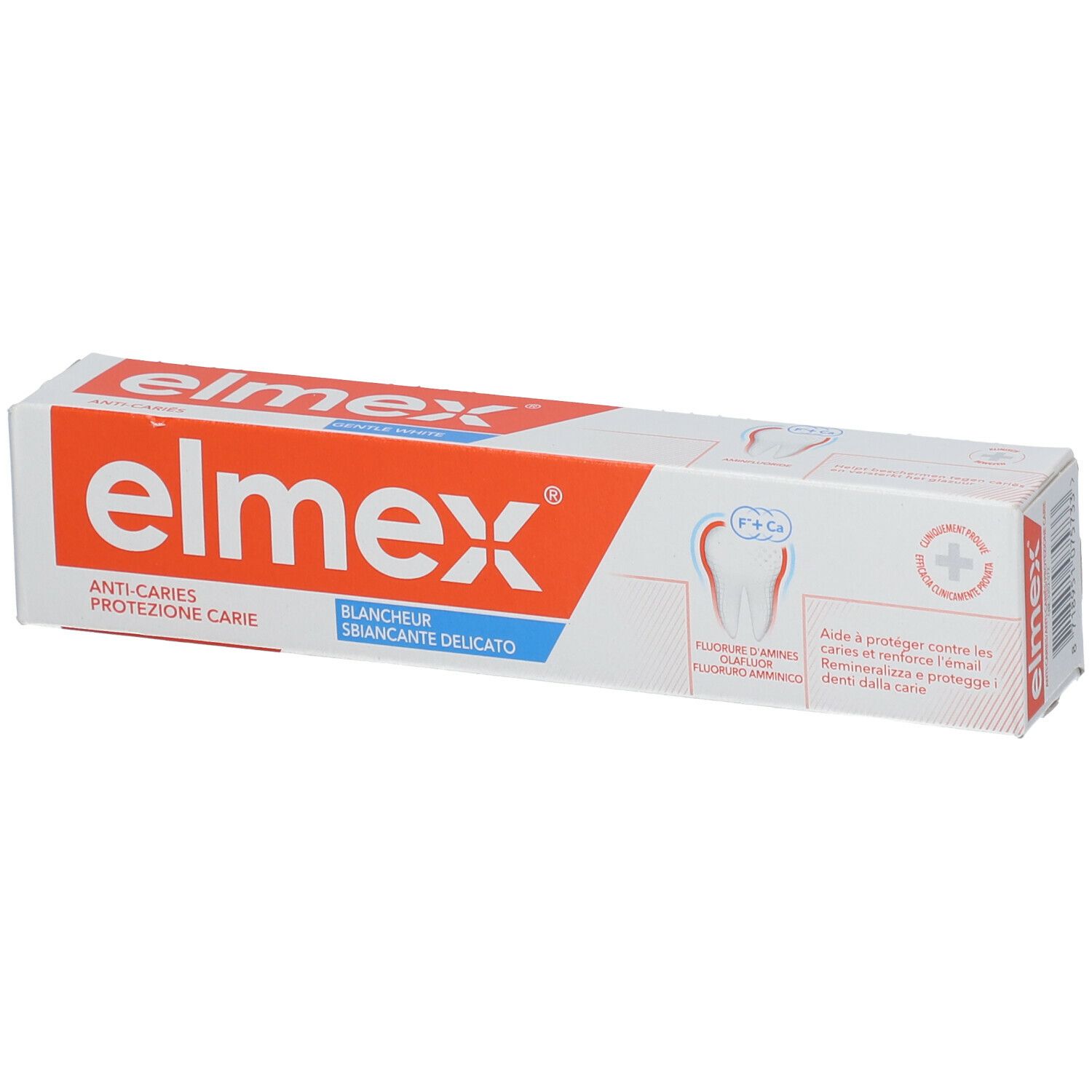 Confezione di dentifricio elmex. Scritto: Anti-carie, sbiancante. Illustrazione di un dente.