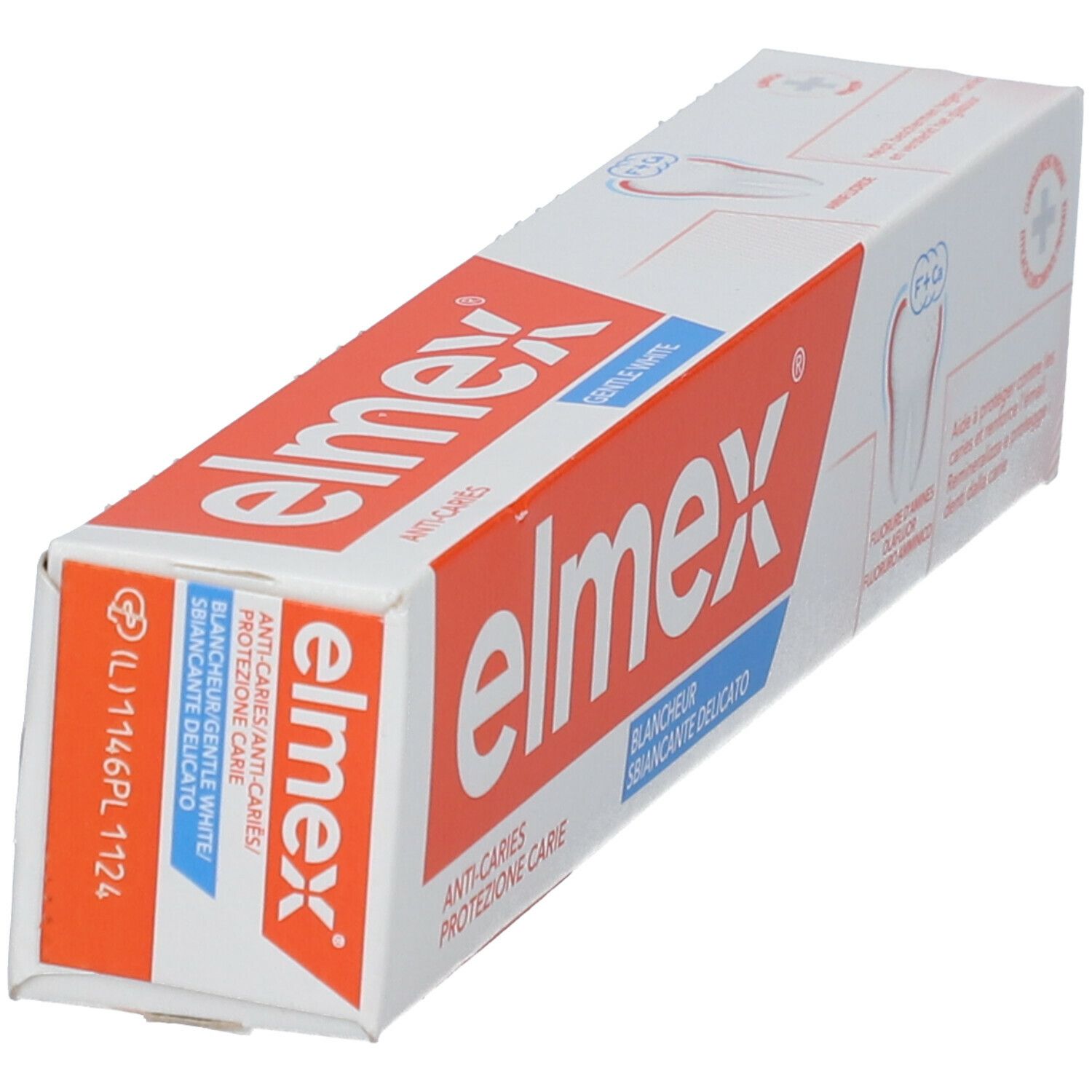 Confezione di dentifricio elmex. Scritto: Anti-carie, sbiancante. Vista obliqua.