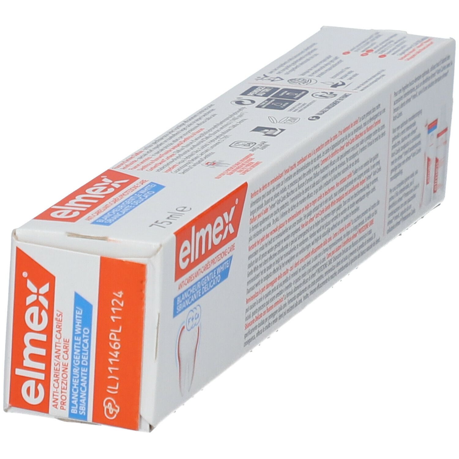 Confezione di dentifricio elmex. Scritto: Anti-carie, sbiancante. Vista obliqua.