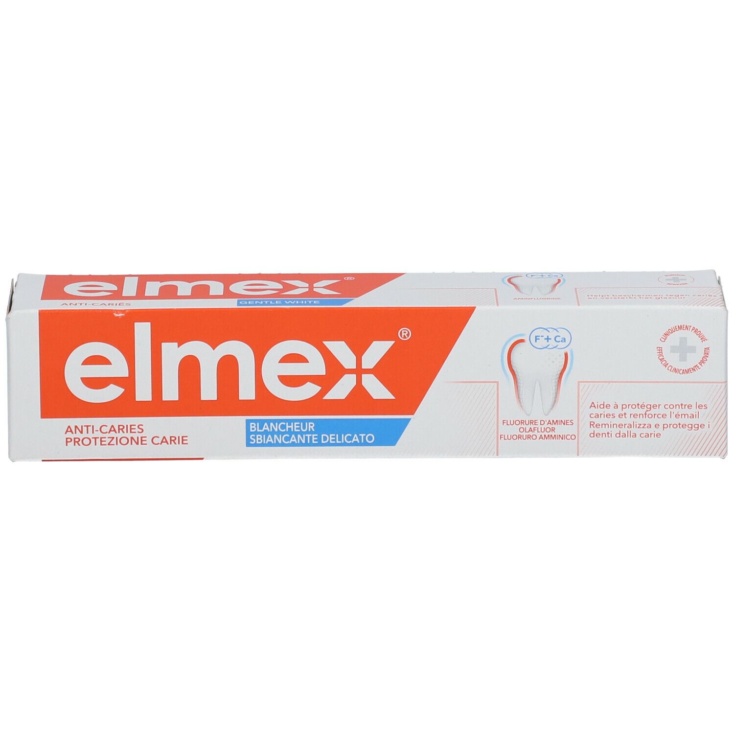 Confezione di dentifricio elmex. Scritto: Anti-carie, sbiancante. Illustrazione di un dente.