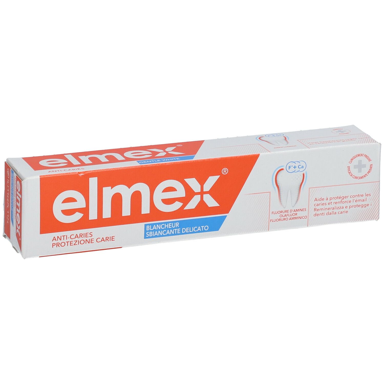 Confezione di dentifricio elmex. Scritto: Anti-carie, sbiancante. Illustrazione di un dente.