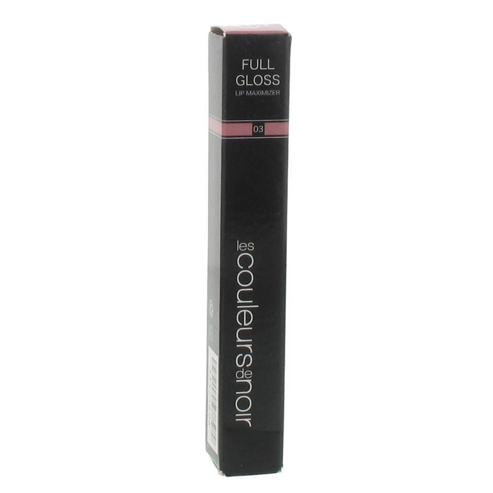 Zwarte verpakking met productinformatie. Les Couleurs de Noir logo. Opschrift Full Gloss Lip Maximizer 03.