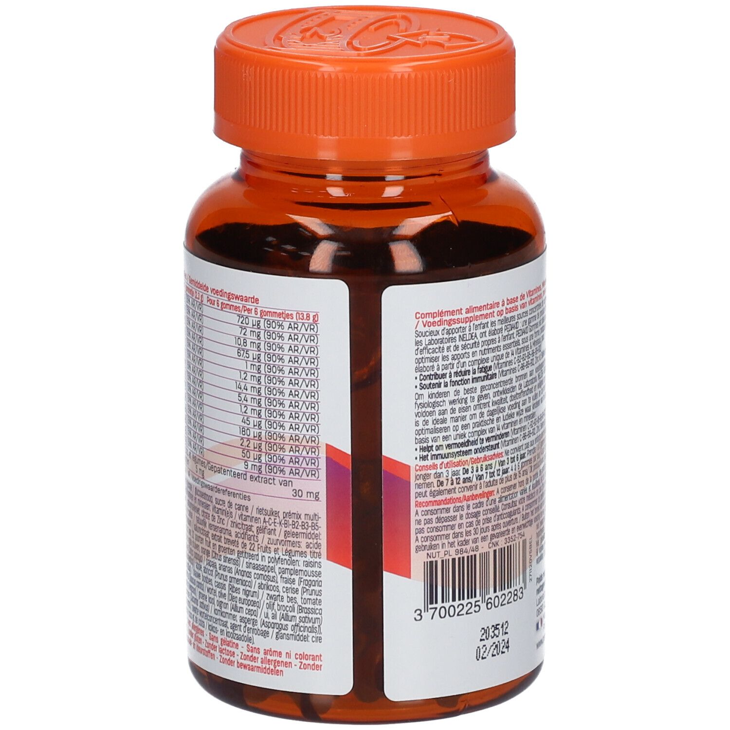 Dos du flacon marron avec bouchon orange. Contient des informations sur les valeurs nutritionnelles et les ingrédients.