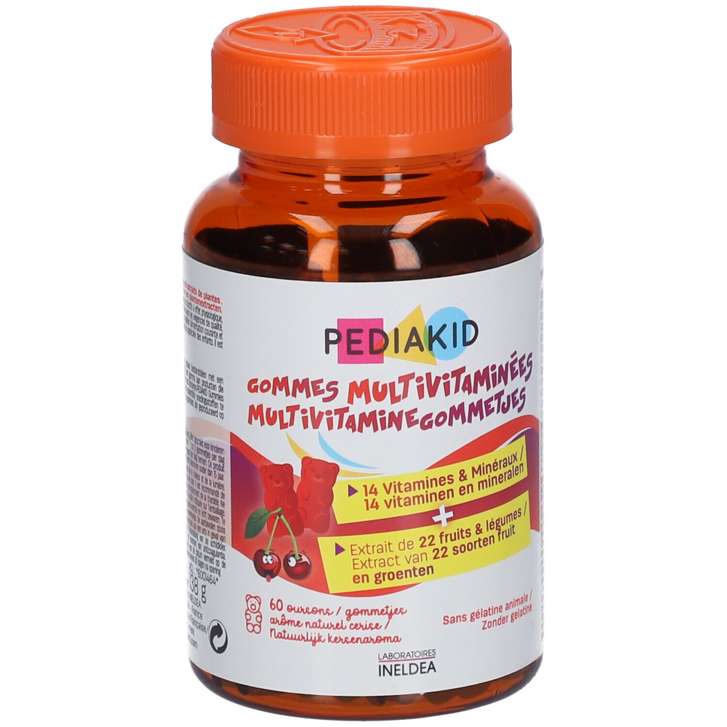 Flacon marron avec bouchon orange. Inscription Pediakid Multivitamines. Contient 14 vitamines et minéraux.