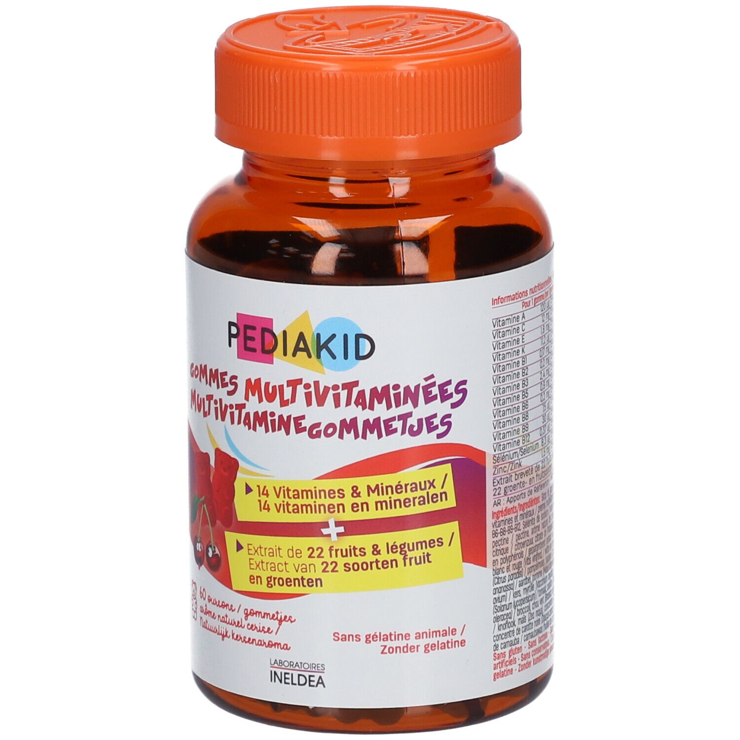 Flacon marron avec bouchon orange. Inscription Pediakid Multivitamines. Contient 14 vitamines et minéraux.