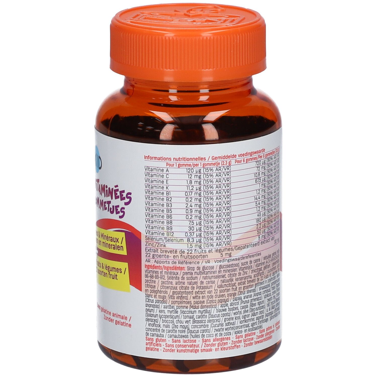 Dos du flacon marron avec bouchon orange. Contient des informations sur les valeurs nutritionnelles et les ingrédients.