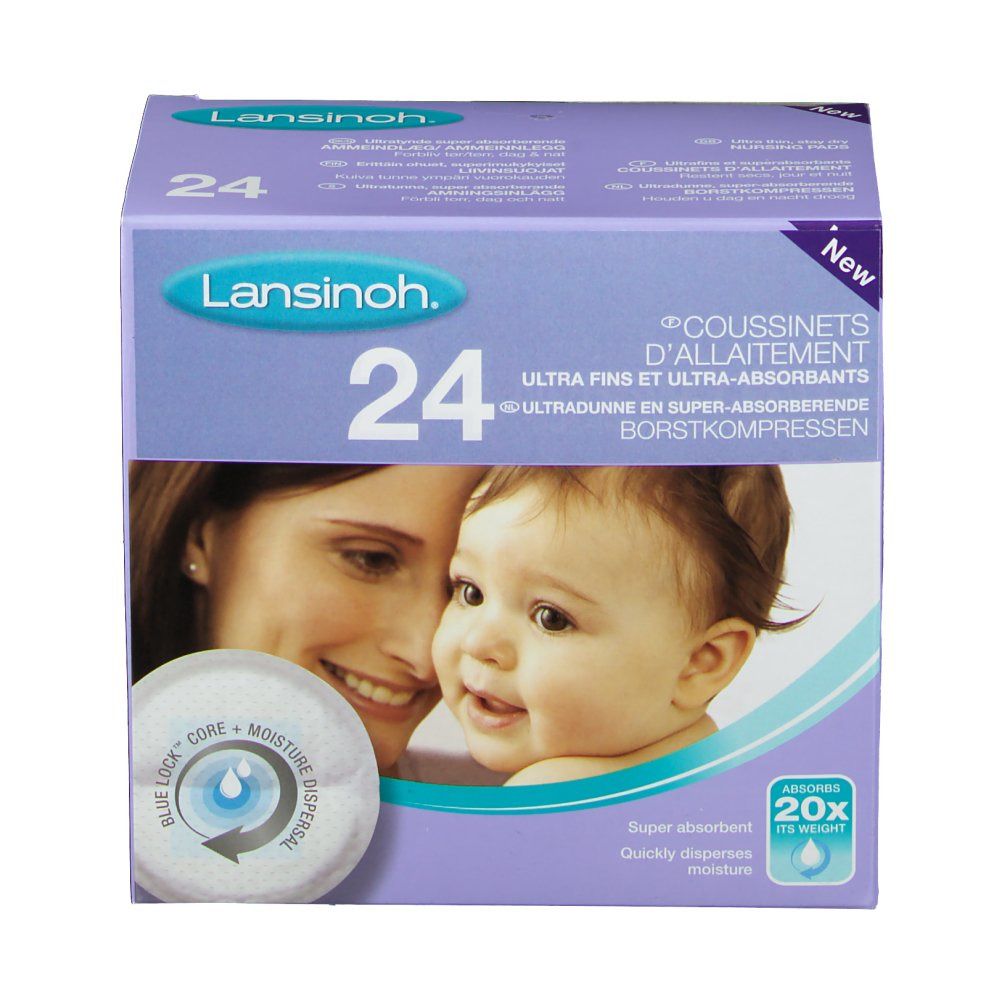 Boîte de 24 coussinets d'allaitement Lansinoh. Inscription : Ultra fins et ultra-absorbants. Image d'une mère et d'un bébé.