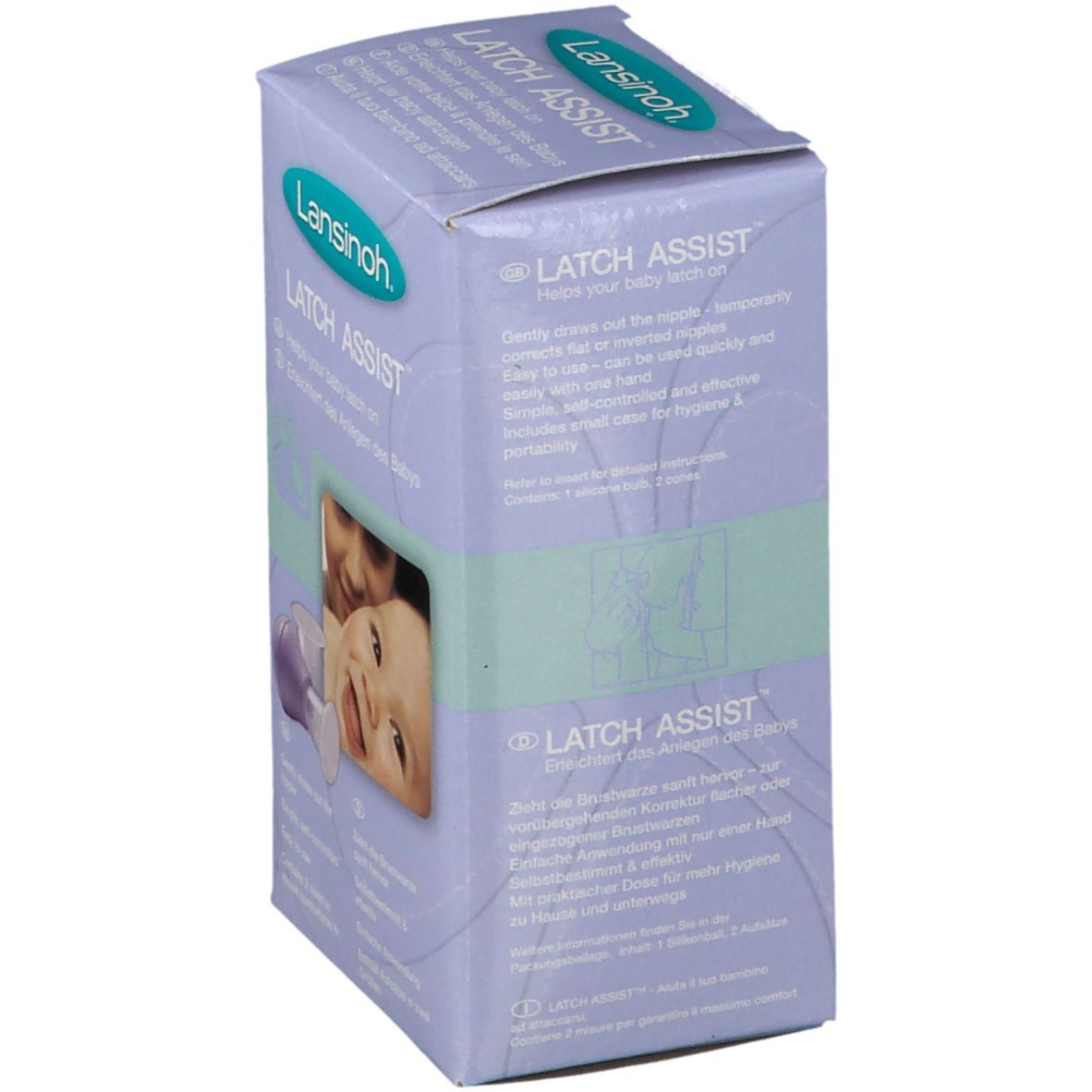 Verpakking van Lansinoh Latch Assist. Achterkant met productinformatie. Afbeelding van een baby en moeder.
