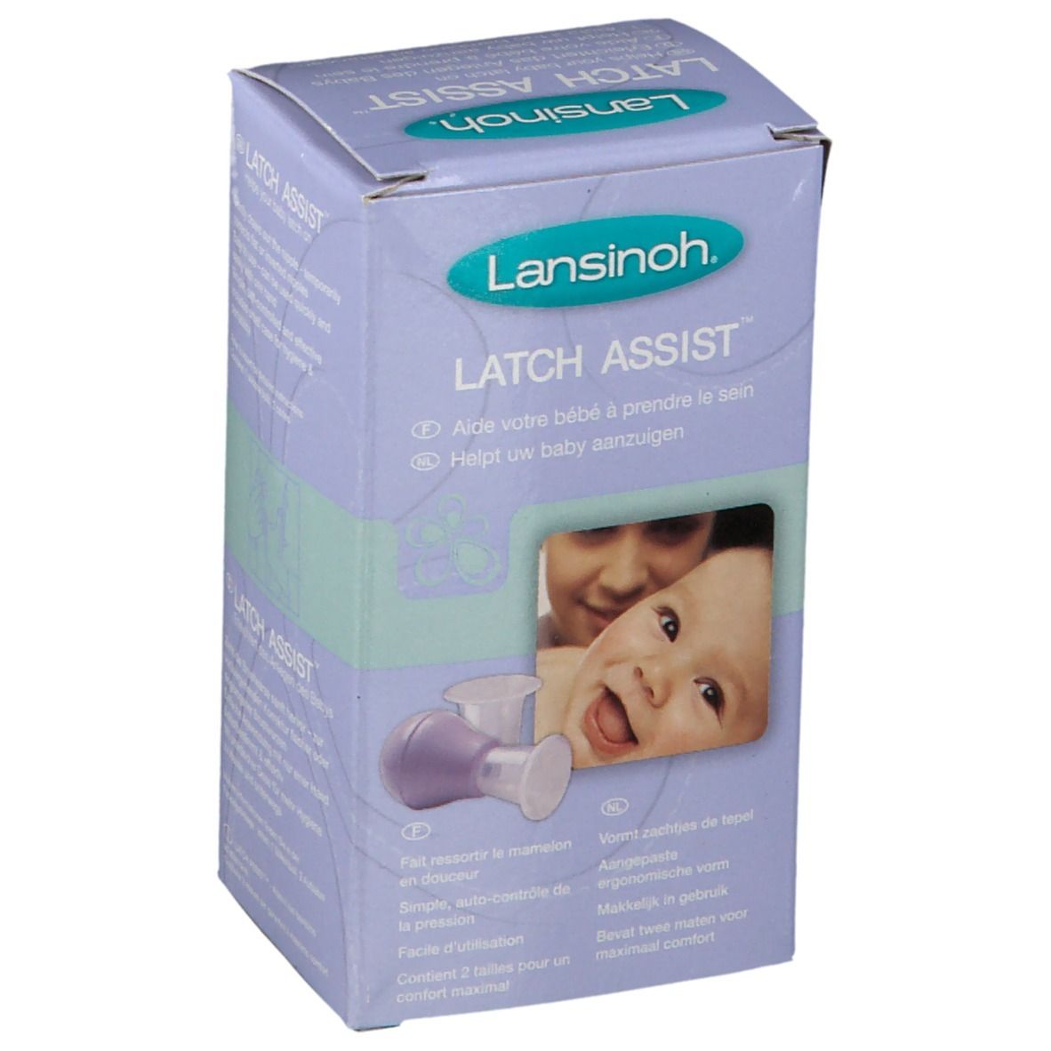 Verpakking van Lansinoh Latch Assist. Voorkant met productinformatie. Afbeelding van een baby en moeder.