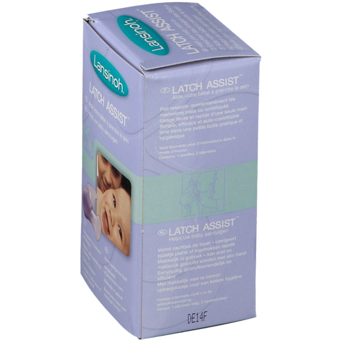 Verpakking van Lansinoh Latch Assist. Zijzicht met productinformatie. Afbeelding van een baby en moeder.