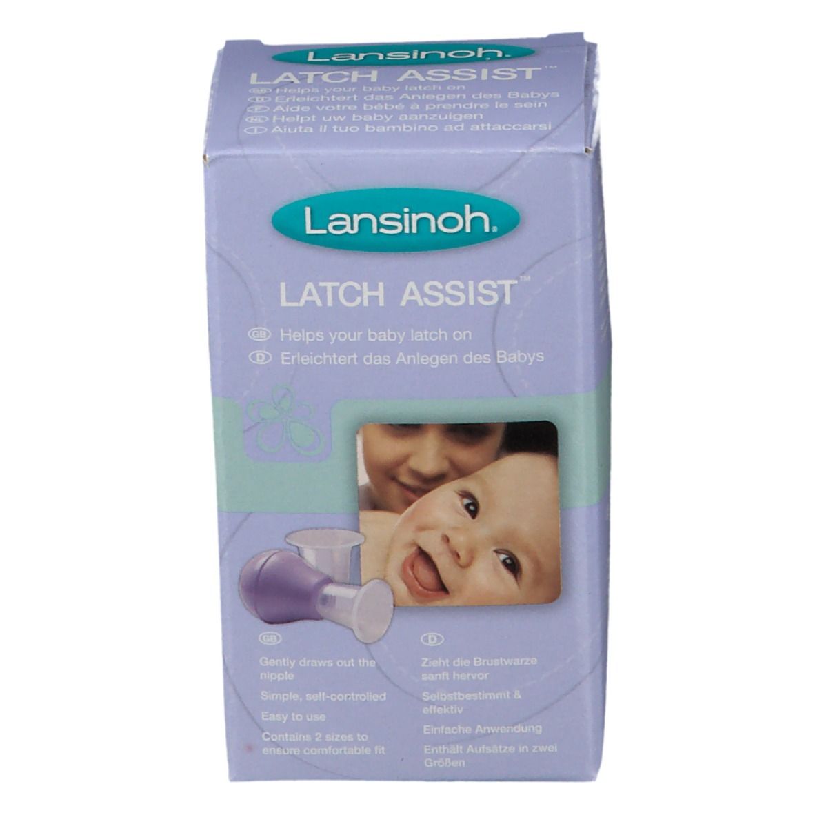 Verpakking van Lansinoh Latch Assist. Voorkant met productinformatie. Afbeelding van een baby en moeder.