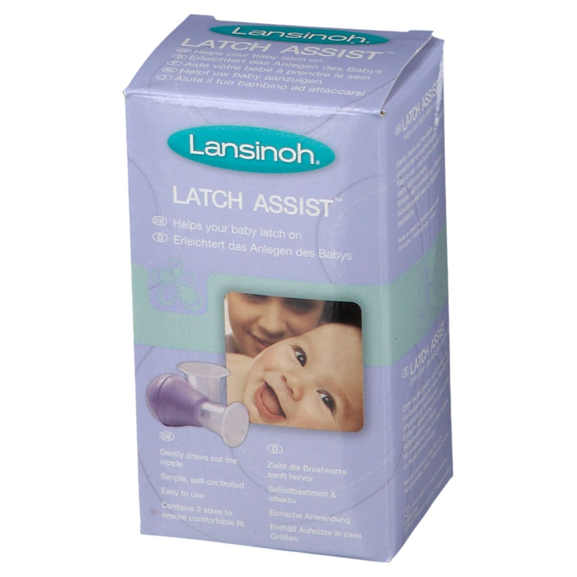 Verpakking van Lansinoh Latch Assist. Voorkant met productinformatie. Afbeelding van een baby en moeder.