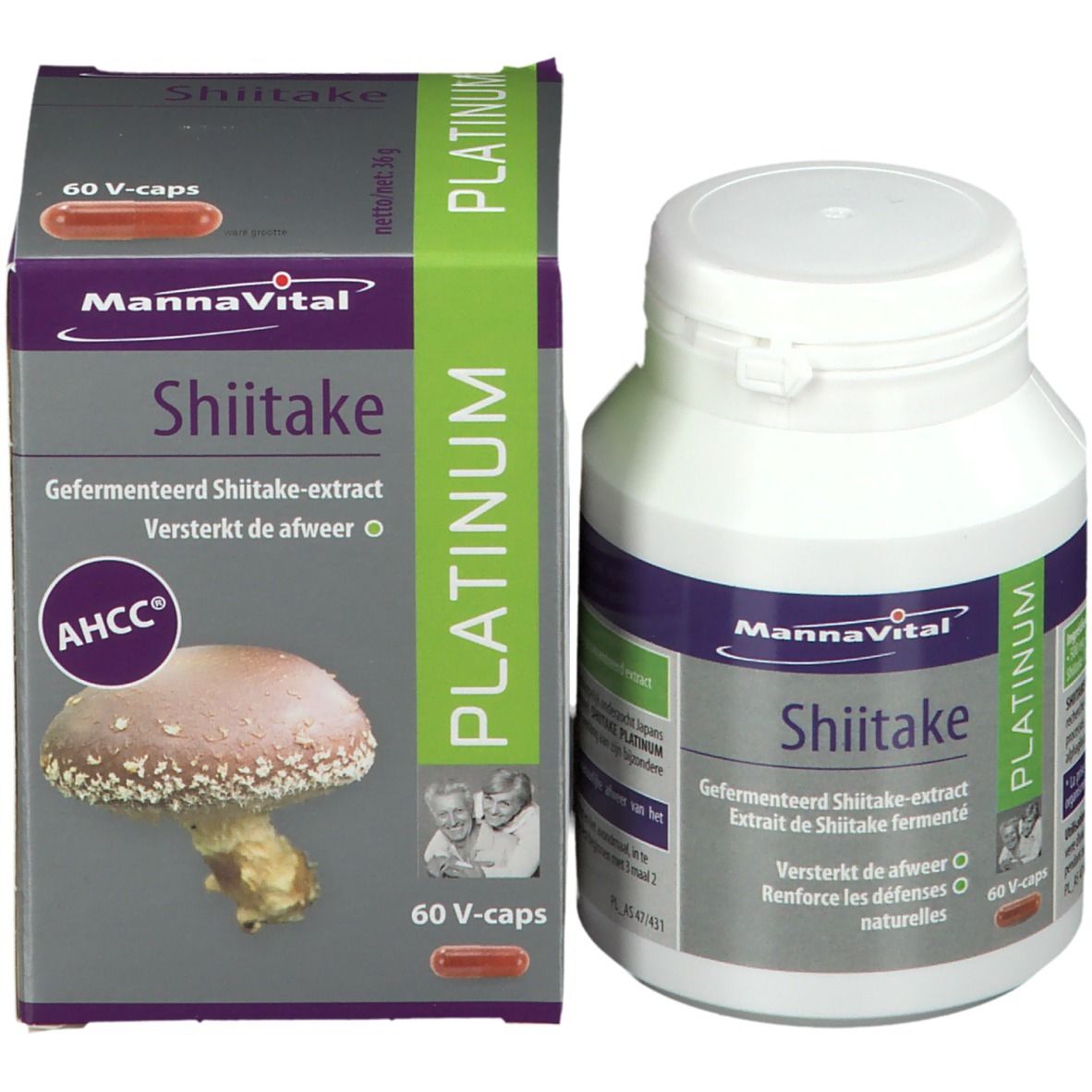 Emballage et flacon du produit. Inscription: Mannavital Shiitake Platinum. 60 V-caps. Avec image de champignon.