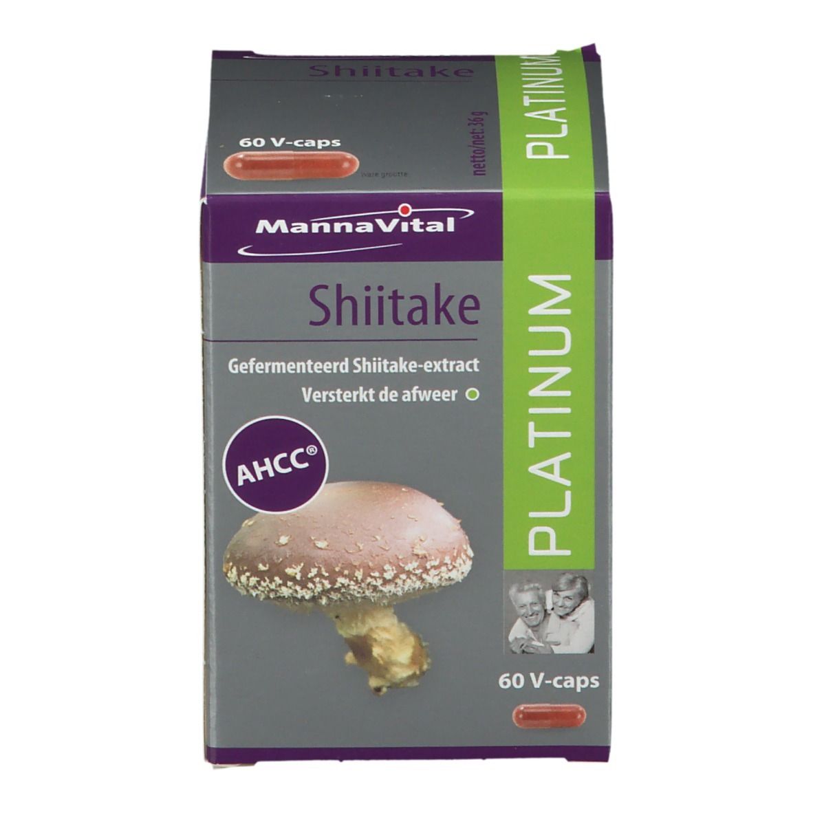 Emballage du produit. Inscription: Mannavital Shiitake Platinum. 60 V-caps. Avec image de champignon.