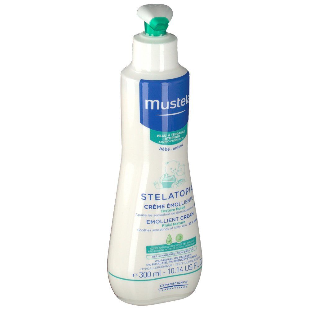Flacon blanc avec étiquette bleue. Inscription: mustela, STELATOPIA Crème émolliente. 300 ml.