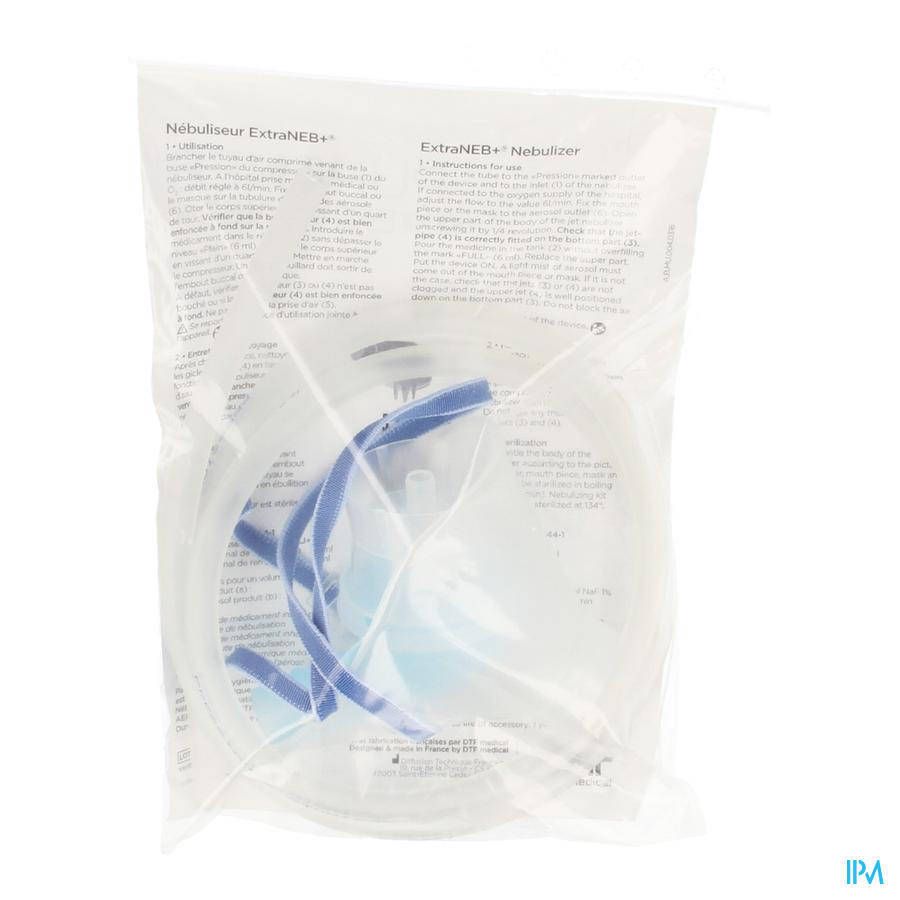 Verpakking met Extraneb+ vernevelaar en masker. Blauwe banden en transparant masker zichtbaar.