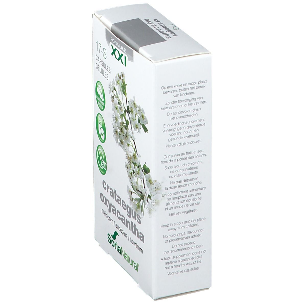 Witte doos, zijaanzicht. Tekst: 17-S, Capsules, Crataegus Oxyacantha, Soria Natural. Extra tekst in het Nederlands.