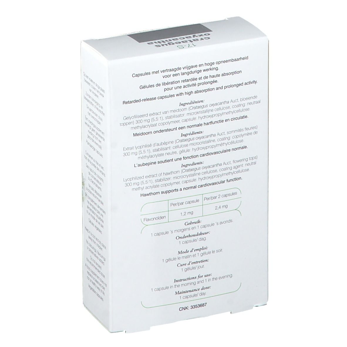 Achterkant van de witte doos. Tekst: 17-S, Capsules, Crataegus Oxyacantha. Ingrediënten en gebruiksaanwijzing.