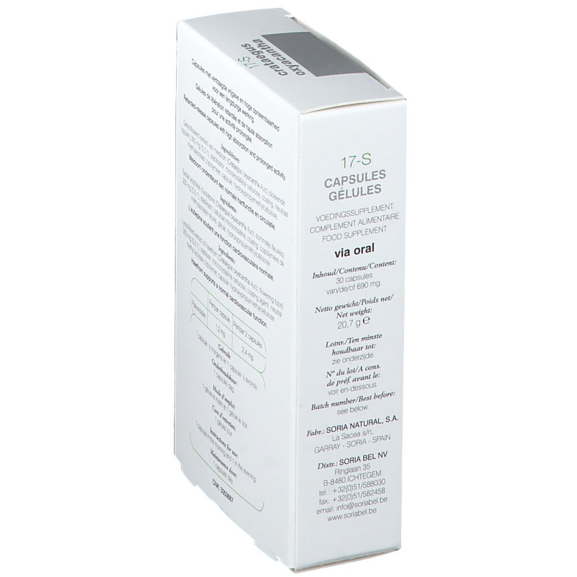Zijaanzicht van de witte doos. Tekst: 17-S, Capsules, Crataegus Oxyacantha. Informatie over ingrediënten en fabrikant.