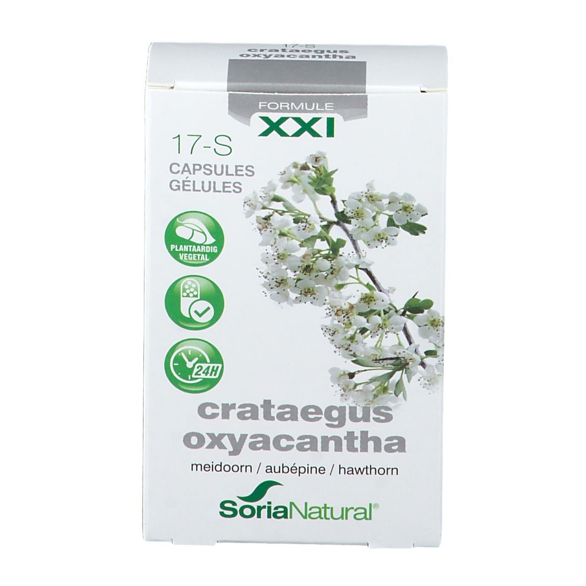 Witte doos met productnaam en bloemenillustratie. Tekst: 17-S, Capsules, Crataegus Oxyacantha, Soria Natural.