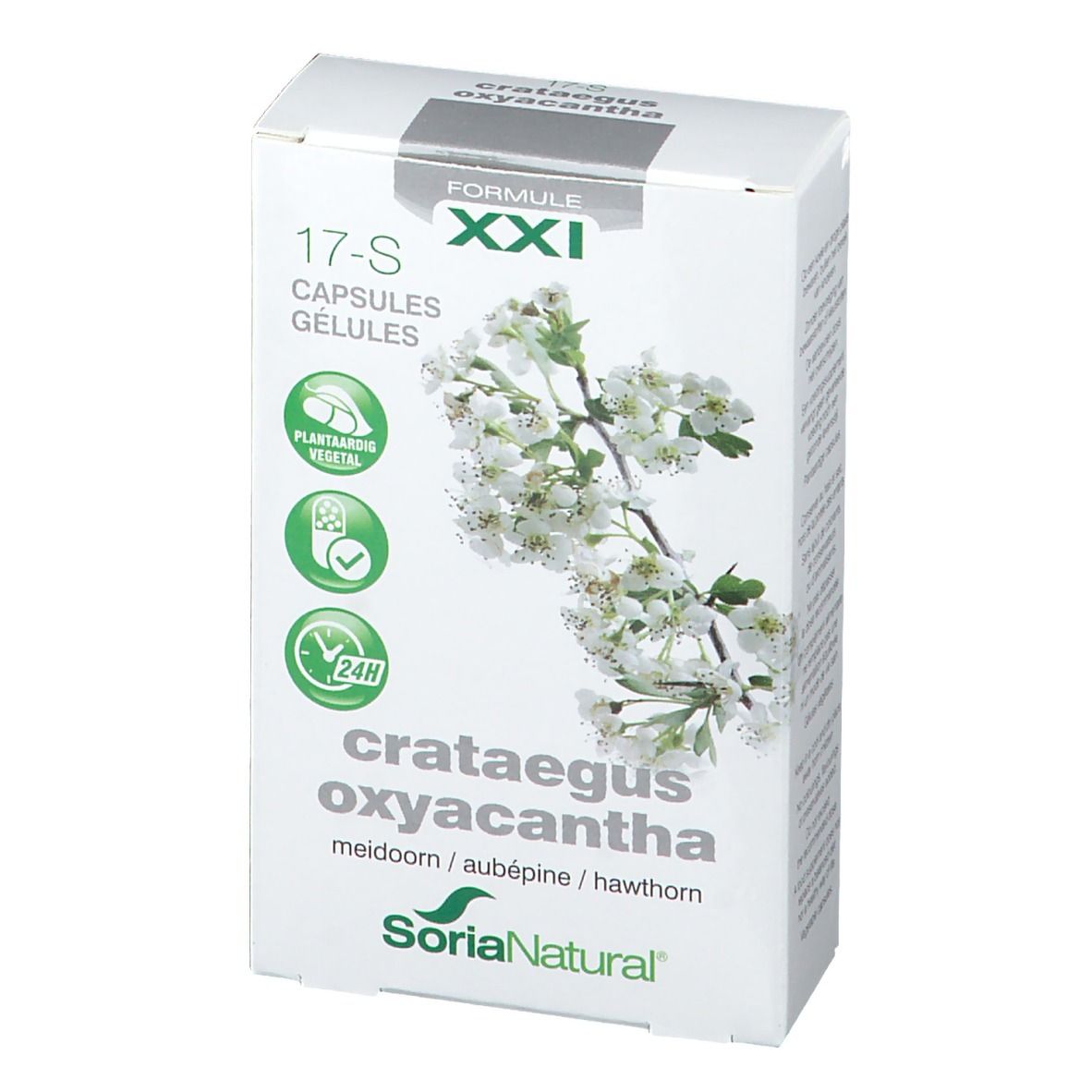 Witte doos met productnaam en bloemenillustratie. Tekst: 17-S, Capsules, Crataegus Oxyacantha, Soria Natural.