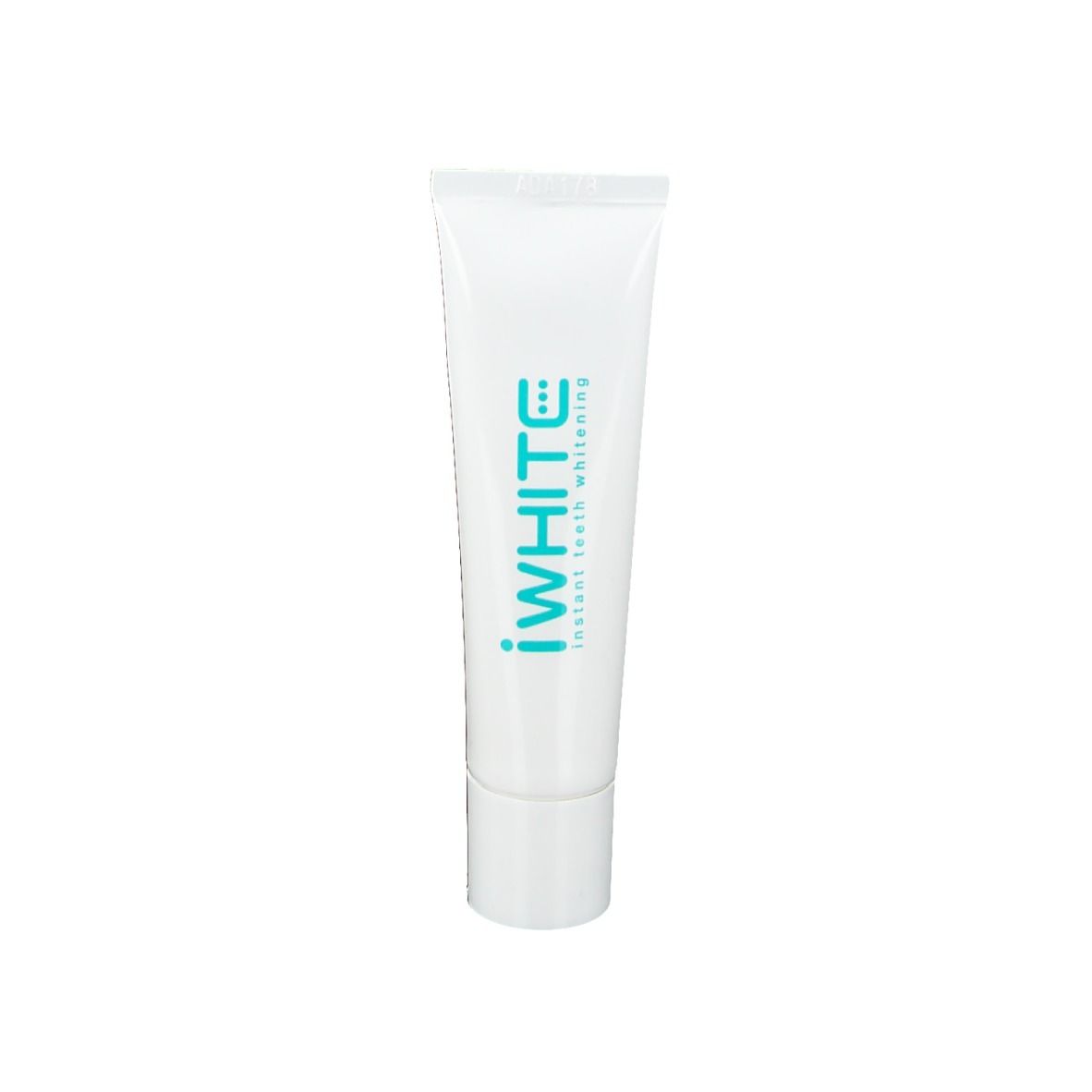 Weiße Tube mit blauem Schriftzug iWHITE. Produktname: instant teeth whitening.