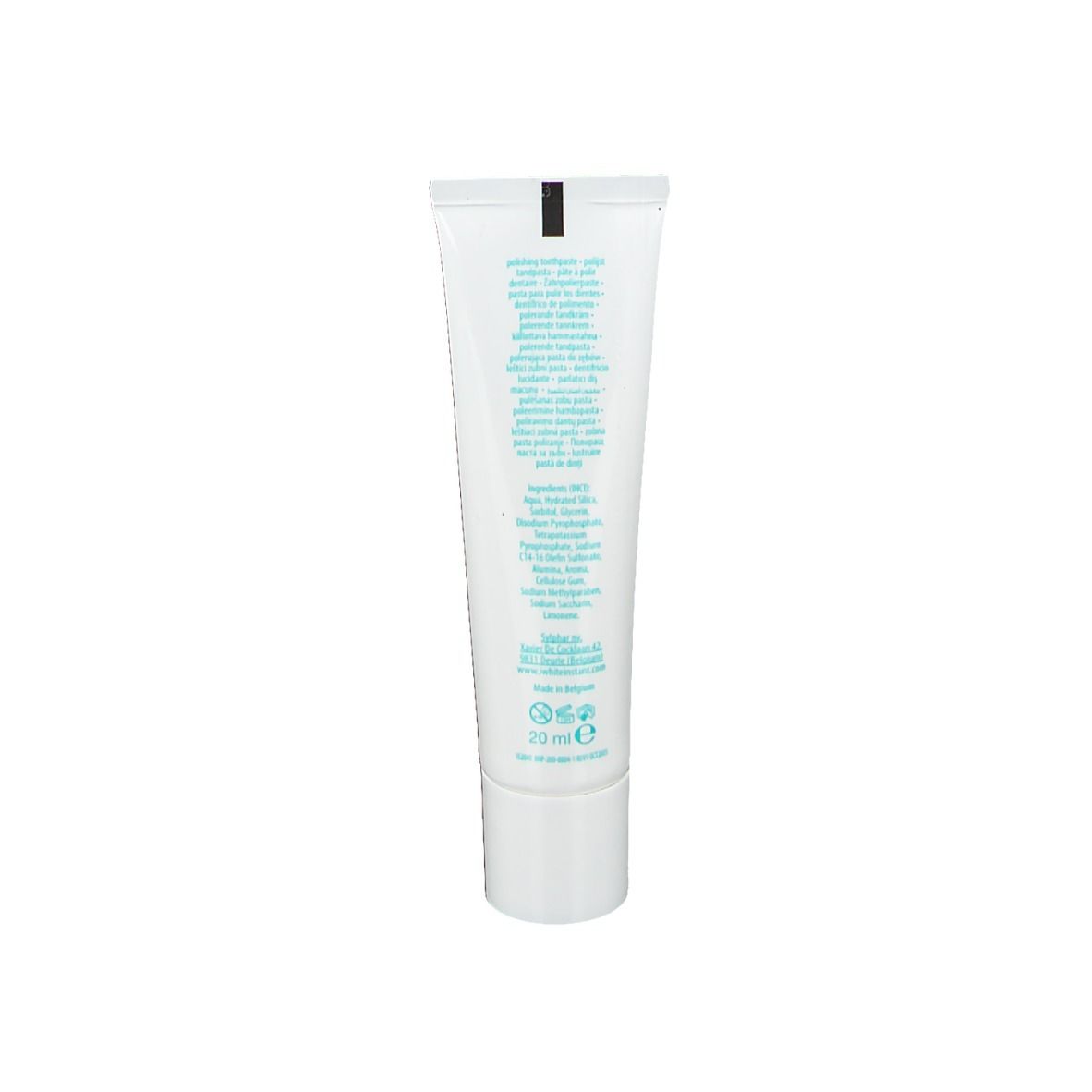 Rückseite einer weißen Tube. Text in mehreren Sprachen. Volumen: 20 ml.