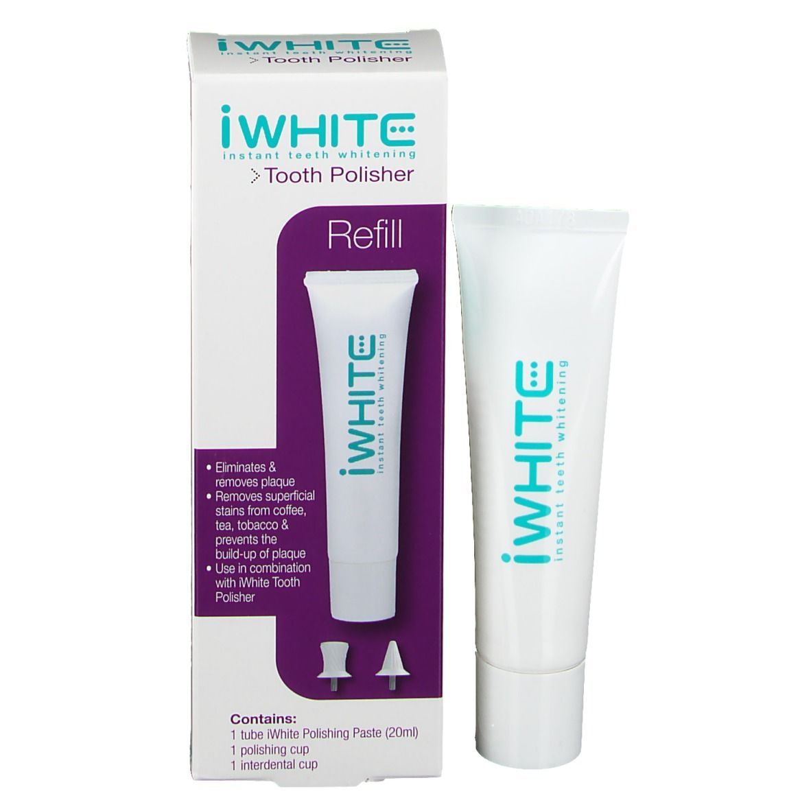 Verpackung mit Tube und Zubehör. Produktname: iWHITE Tooth Polisher Refill.